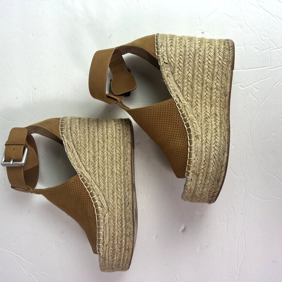 🟢 Marc Fisher Size 6 Brown Perforated Open Toe Espadrille Wedge Sandals - Picture 6 of 10